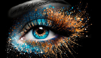 Eye on a black background and a lot of glitter makeup. Generative AI, - obrazy, fototapety, plakaty