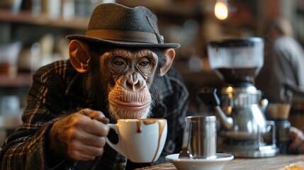Monkey dressed as a barista crafting the perfect espresso in a chic jungle themed cafe