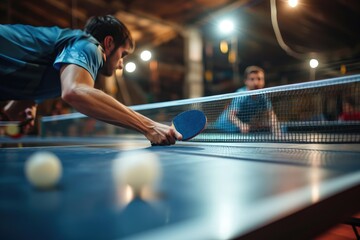 Dynamic table tennis match perspective, Focused  athlete playing table tennis in a dynamic pose,  Ai generated