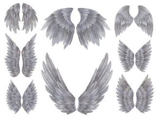 Watercolor grey Angel Wings illustration. Hand painted set of wings with grey feathers for prints, banners