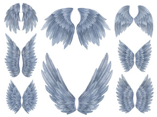 Watercolor blue Angel Wings illustration. Hand painted set of wings with feathers for prints, banners