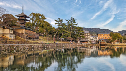 view over the lake Sarusawa-Ike in nara with blue sky
