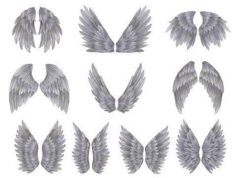 Watercolor grey Angel Wings illustration. Hand painted set of wings with grey feathers for prints, banners