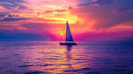 A picturesque seascape with a lone sailboat silhouetted against a vibrant sunset sky, capturing the magic of twilight at sea.