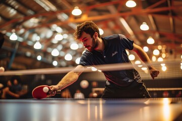 Dynamic table tennis match perspective, Dynamic table tennis match perspective, Table tennis player in action during game, Ai generated, Ai generated