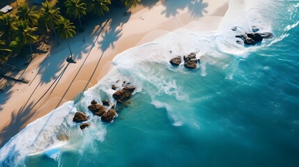 Panoramic aerial view of beautiful tropical beach with palm trees and sand.