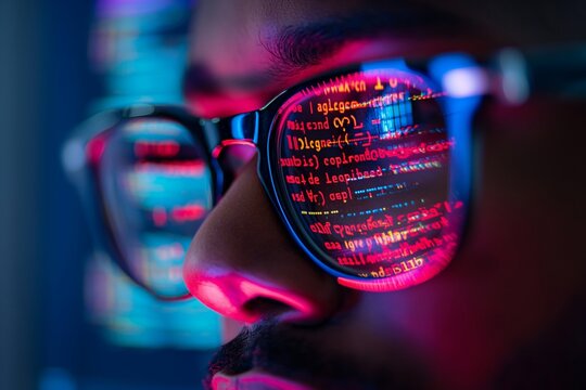 Portrait of Software Engineer Working on Computer, software engineer, working on a computer closeup, a glass closeup of a software engineer, digital nomad, developer background, coder