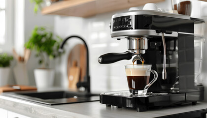 Modern coffee machine with glass cup of hot espresso on table in kitchen