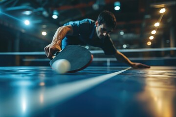 Dynamic table tennis match perspective, Table tennis player in action during game, Ai generated - obrazy, fototapety, plakaty