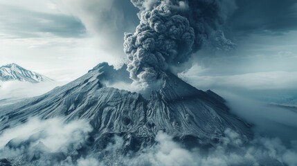 A plume of ash and smoke billowing from the summit of a volcanic mountain, depicting the ominous beauty of an active eruption.