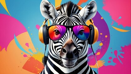 Portrait of a Party Zebra with Headphones and Sunglasses on a Colorful Abstract Background.