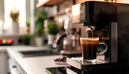 Fotobehang Modern coffee machine with glass cup of hot espresso on table in kitchen © Oleksiy