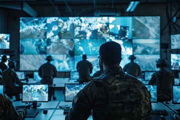Military command center with TV screens with surveillance