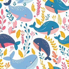 Lovely, pretty pattern of whales and flowers, leaves. For fabric, silk, printing.	
