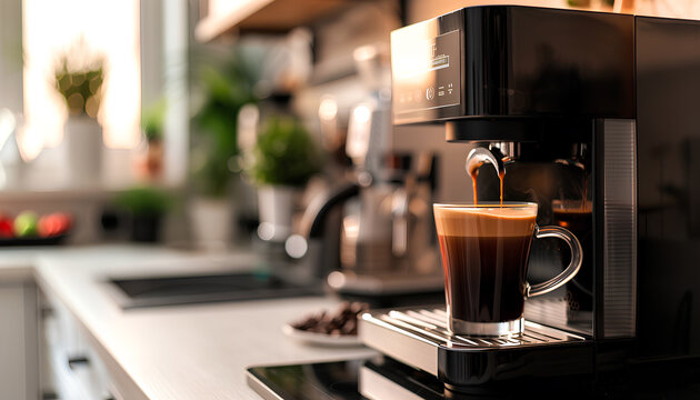 Modern coffee machine with glass cup of hot espresso on table in kitchen