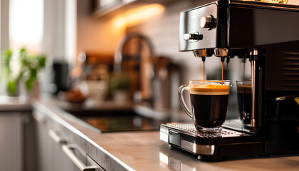 Modern coffee machine with glass cup of hot espresso on table in kitchen