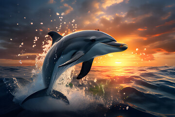 Dolphin playing in the waves of the raging ocean at sunset. World Dolphin Day