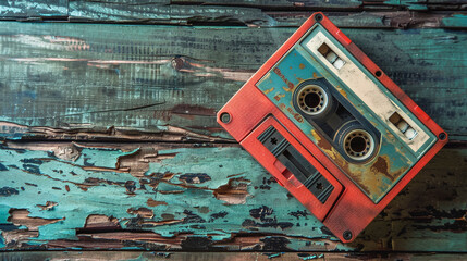 Old School Audio Cassette Tape on Weathered Colored Wood Background