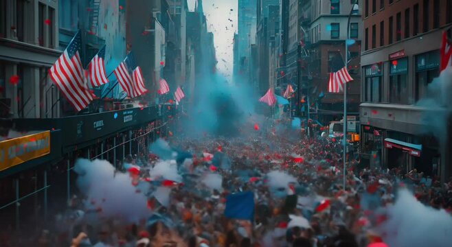 Parade marching down Main Street, featuring marching bands, floats adorned with red, white, and blue, and enthusiastic spectators waving flags