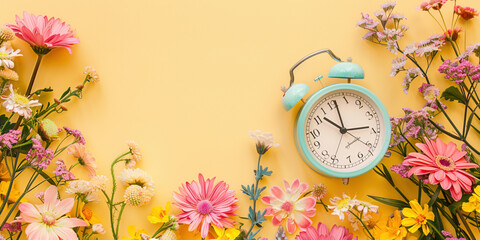 Summer time, winter time, changeover, switch of time. Seasonal spring or summer time. Clock as a timer for celebrations. Retro alarmclock on yellow background. Daylight saving time concept