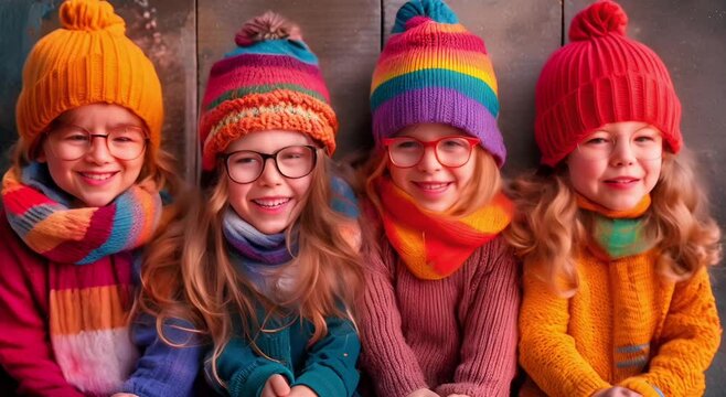 Group of funny children giggling and playing practical jokes in celebration of April Fools' Day