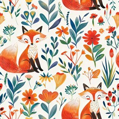 Lovely, pretty pattern of foxes and flowers, leaves. For fabric, silk, printing.	

