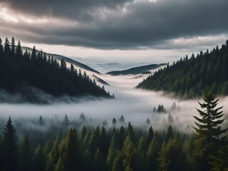 Beautiful panorama of a foggy morning in the mountain forest with cloudy sky