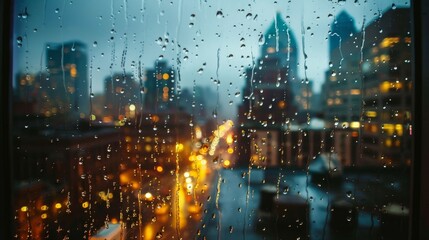 Fototapeta premium A rain-spattered windowpane revealing a blurred view of a city skyline, capturing the moodiness of a rainy day.