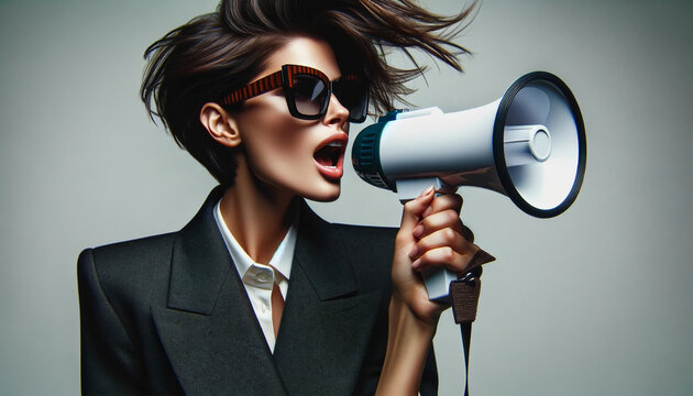 Close-up of a stylish young brunette with vintage loudspeaker. She announces the last day of the big sale. Her facial expression conveys excitement and urgency.