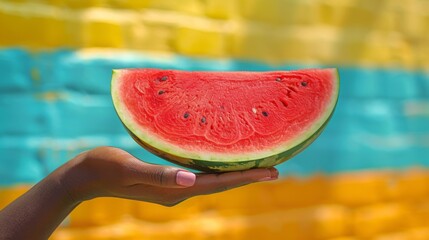 Hand holding a piece of watermelon
