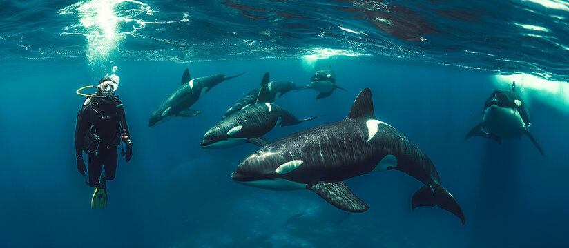 A scubadiver surrounded by a school of curious killer whales in the ocean