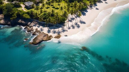 Aerial view of beautiful Anse Lazio beach with turquoise water, Seychelles - obrazy, fototapety, plakaty