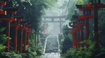 Scenic images of beautiful torii gates and lanterns in...