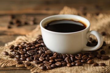 Fototapeta premium coffee beans and a cup of black coffee on a wooden table, coffee beans and a cup of coffee, coffee background, coffee and beans closeup