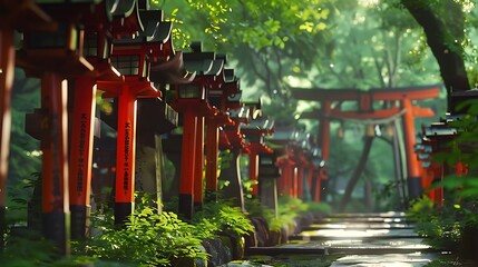 Scenic images of beautiful torii gates and lanterns in Japan,日本の美しい鳥居と灯篭の風景画像,Generative AI - obrazy, fototapety, plakaty