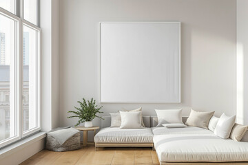 A room with a large white sofa by the window and a framed mockup on the wall, modern style, light colors and wooden floors, minimalism, simple and stylish design.
