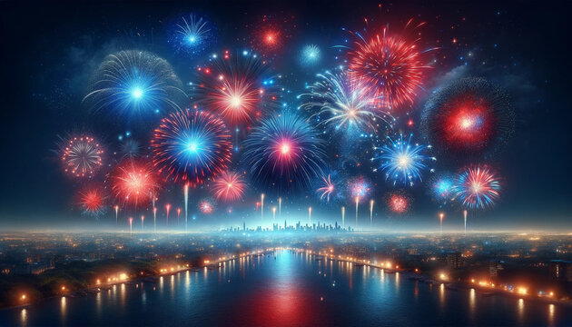 Fireworks over the city skyline. A close-up image of a bright fireworks exploding in the night sky with colorful red, blue and white sparks. The silhouette of the city is faintly visible in the backgr