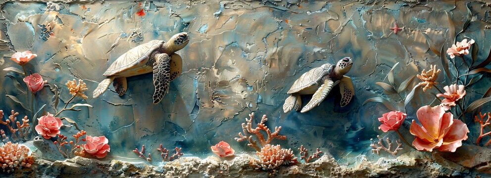 Panel wall art marble background featuring an abstract design of coral reefs and sea turtles wall decoration