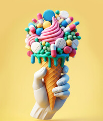 hand holding ice cream cone with pills - 790965201