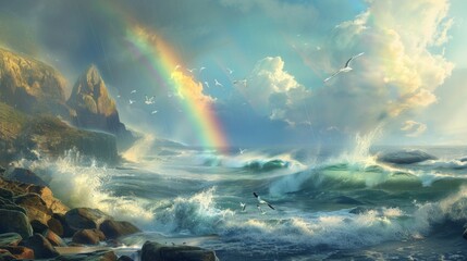 A rainbow appearing over a peaceful coastal scene, with waves crashing against rocky cliffs and...
