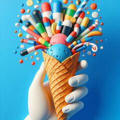 hand holding ice cream cone with pills - 790965216