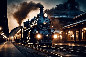 Eine alte Dampflokomotive im Bahnhof - Ki generierte Illustration - obrazy, fototapety, plakaty