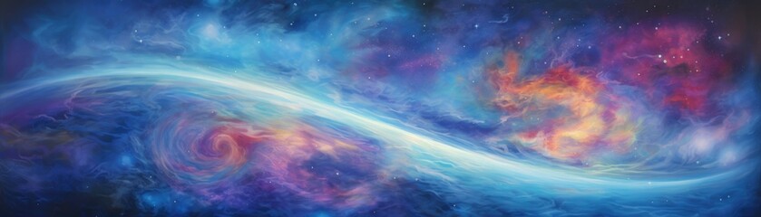 Swirling galaxies rendered in brilliant, iridescent colors, softly lit to reveal a tranquil and serene cosmic landscape - obrazy, fototapety, plakaty