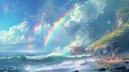 A rainbow appearing over a peaceful coastal scene, with waves crashing against rocky cliffs and seagulls soaring in the breeze. - obrazy, fototapety, plakaty