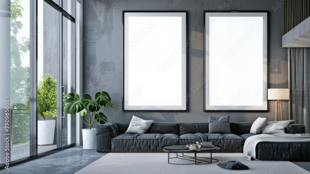 Poster modern room with two big empty picture frames created with generative ai