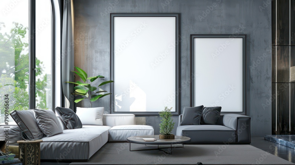 Poster modern room with two big empty picture frames created with generative ai
