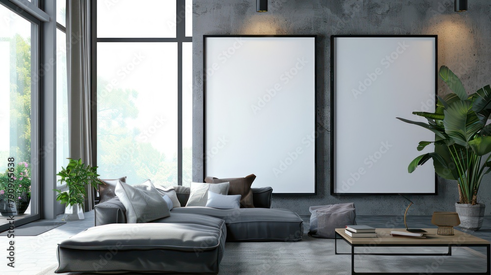 Poster modern room with two big empty picture frames created with generative ai