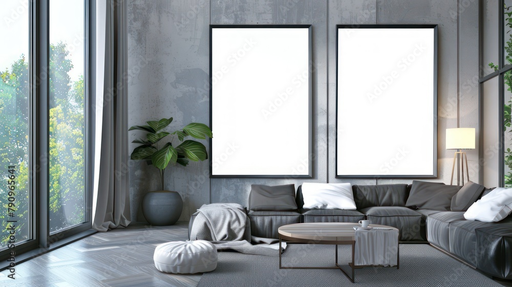 Poster modern room with two big empty picture frames created with generative ai