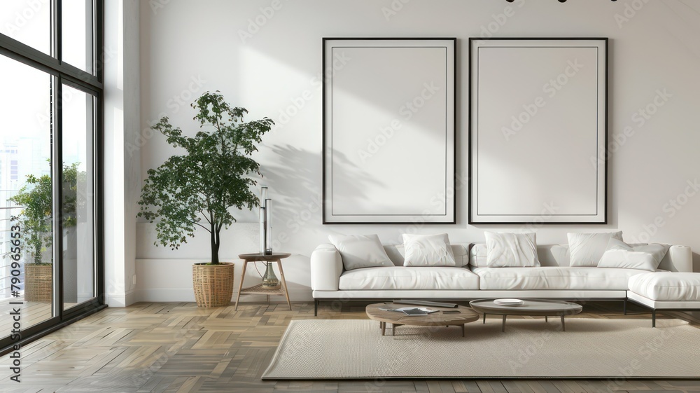 Poster modern room with two big empty picture frames created with generative ai