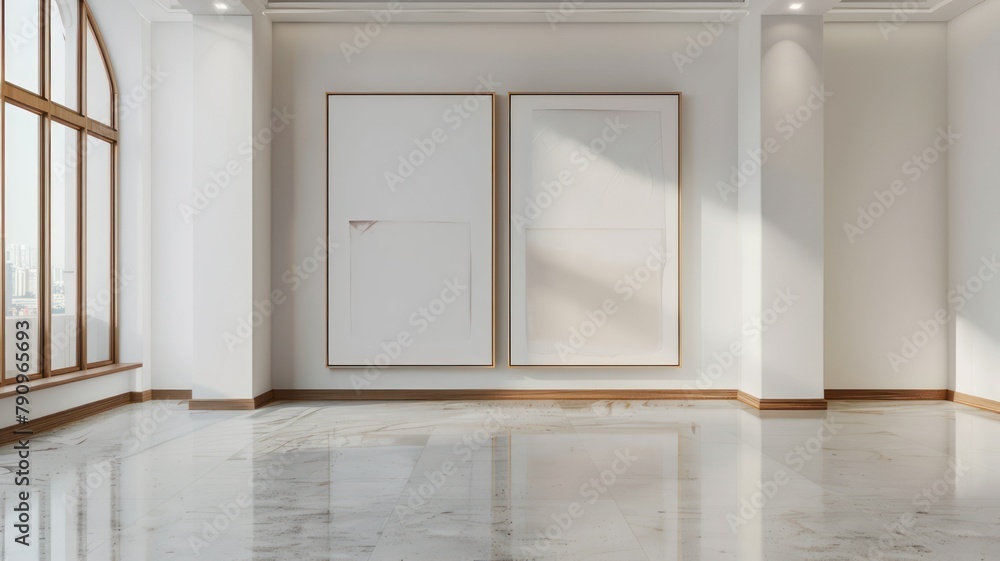 Poster modern room with two big empty picture frames created with generative ai